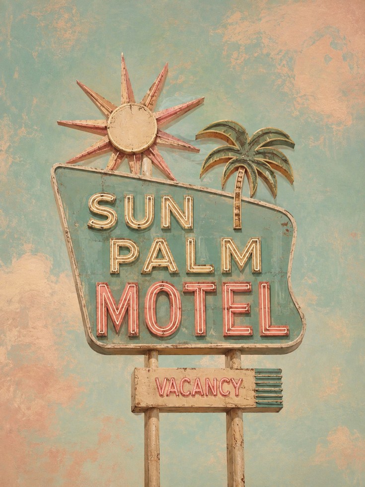 Retro Motel Wall Art – Vintage Neon Sign Print - artwork on paper