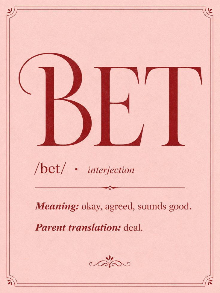 Bet Definition Typography Poster: Pink Slang Dictionary Art - artwork on paper