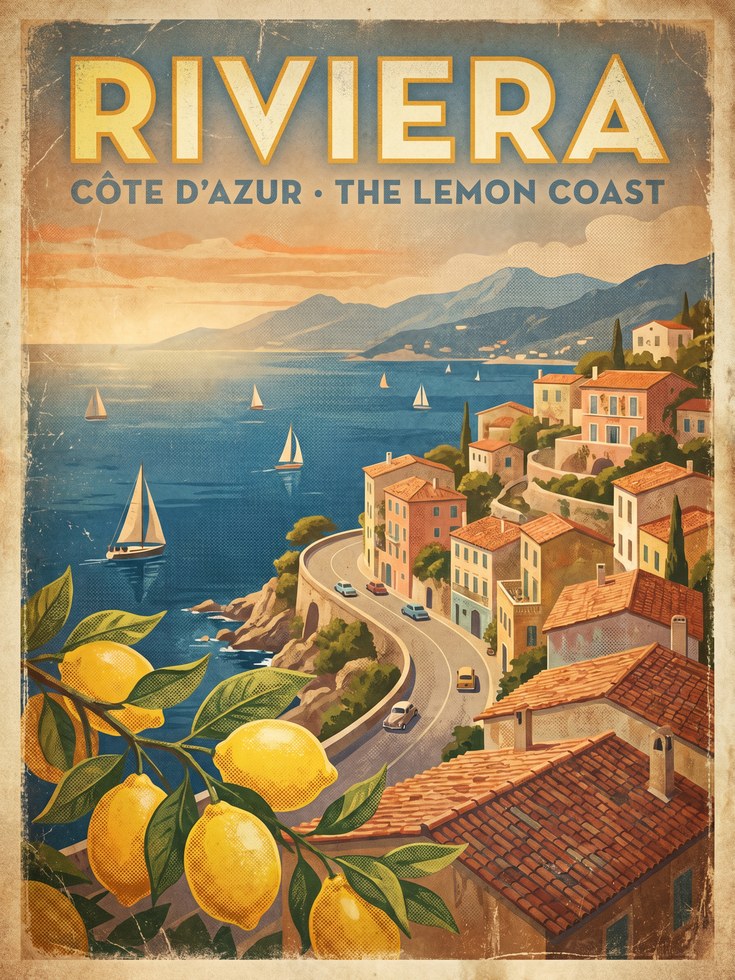 Vintage Riviera Travel Poster – French Côte d'Azur Lemon Coast - artwork on paper