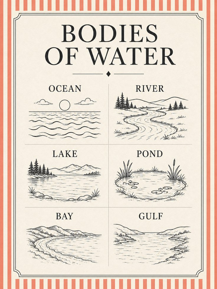 Educational Wall Art – Bodies of Water Poster - artwork on paper