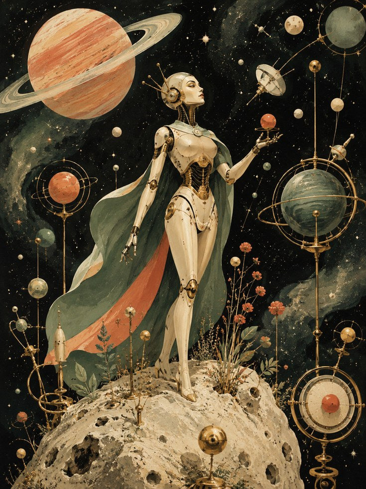 Celestial Robot Woman Art Print: Art Deco Space Fantasy - artwork on paper