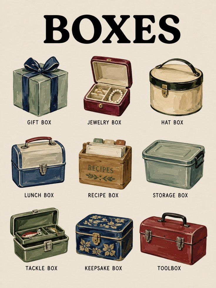 Vintage Boxes Collection Print: Retro Illustration Wall Art - artwork on paper