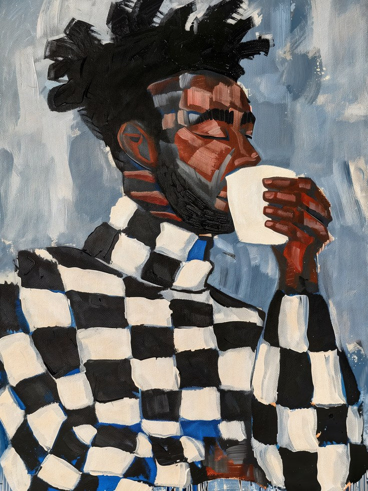 Black Woman Coffee Art Print: Checkered Style - artwork on paper