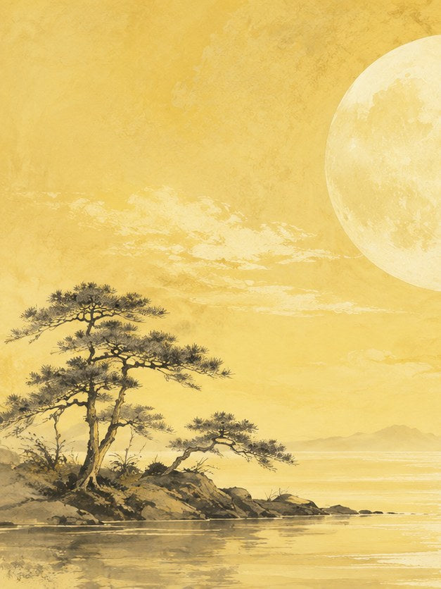 Golden Moon and Pine Tree Art Print: Japanese Landscape - artwork on paper