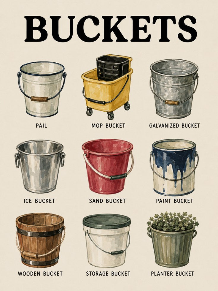 Vintage Bucket Collection Print: Illustrated Reference Poster - artwork on paper