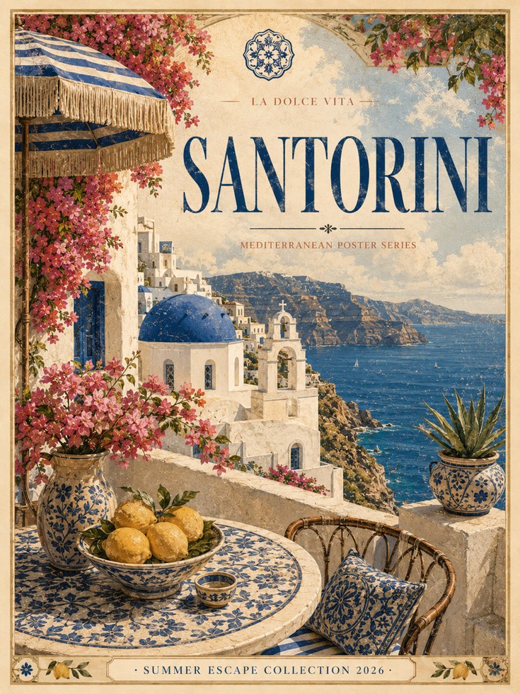 Santorini Travel Poster Print — Vintage Mediterranean Style - artwork on paper