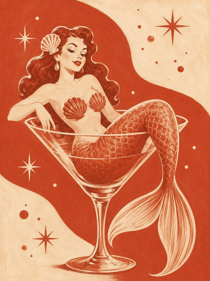 Mermaid Cocktail Print – Retro Bar Art - artwork on paper