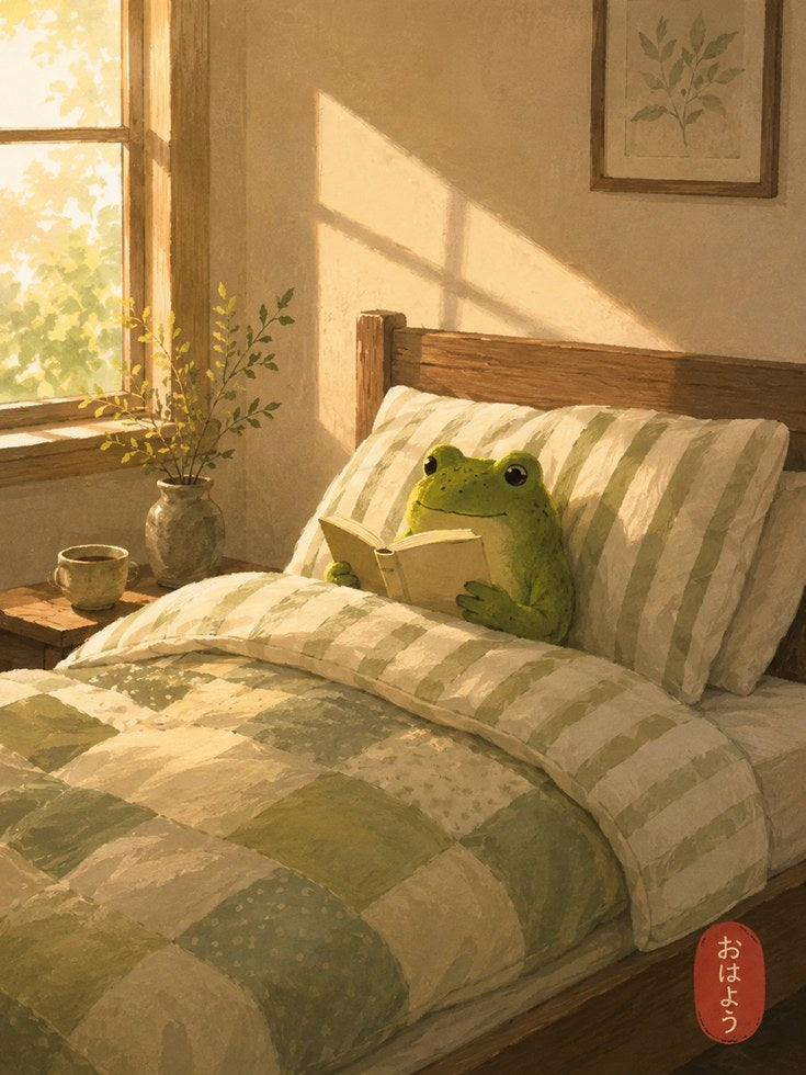 Frog Reading Bedroom Art – Cozy Morning Print - artwork on paper