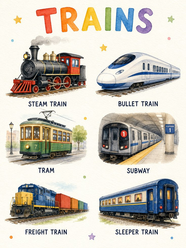 Train Wall Art: Watercolor Educational Print - artwork on paper