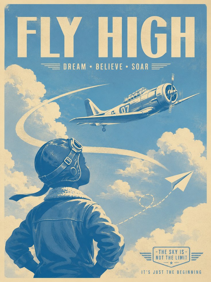 Fly High Vintage Aviation Poster: Retro Pilot Wall Art - artwork on paper