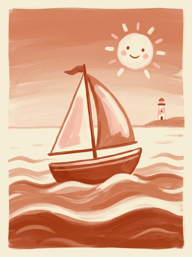 Sailboat at Sunset Poster: Whimsical Coastal Nursery Art Print - artwork on paper