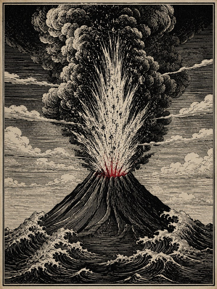 Volcanic Eruption Engraving: Vintage Scientific Illustration Print - artwork on paper