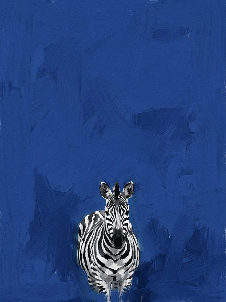 Zebra Art Print — Bold Blue Background - artwork on paper