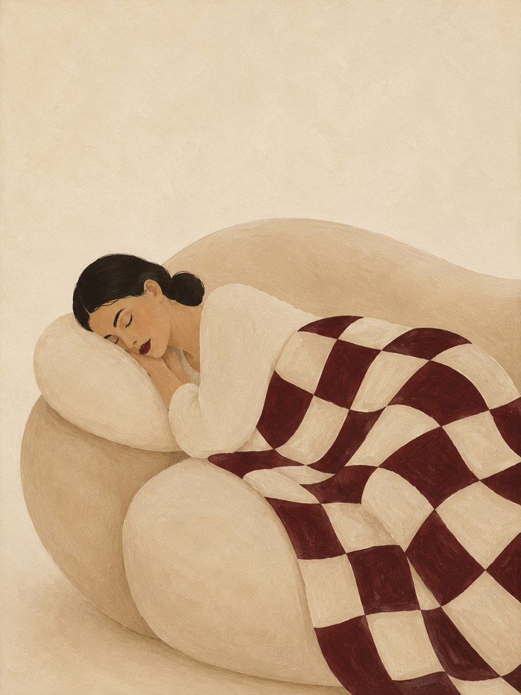 Resting Woman Art Print: Minimalist Beige and Burgundy Figurative - artwork on paper