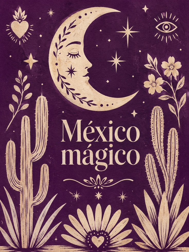 México Mágico Moon Art Print: Purple Folk Art Desert Poster - artwork on paper