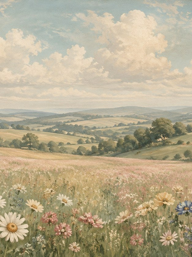 English Countryside Wildflower Meadow: Pastoral Landscape Art Print - artwork on paper