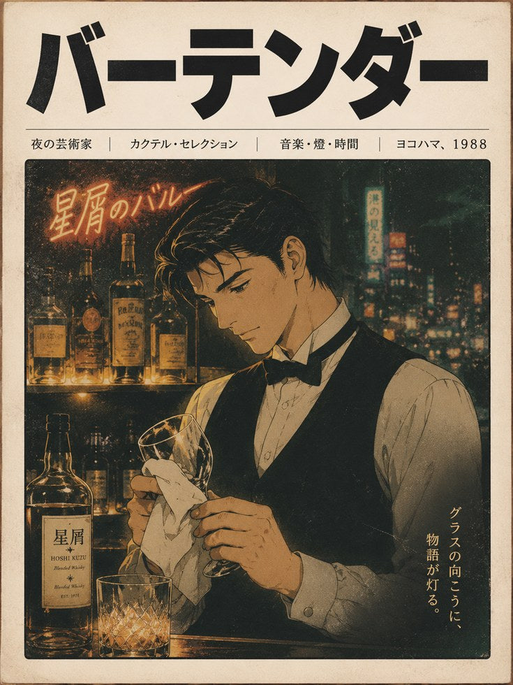 Japanese Bartender Print — Vintage Anime Style Bar Art - artwork on paper