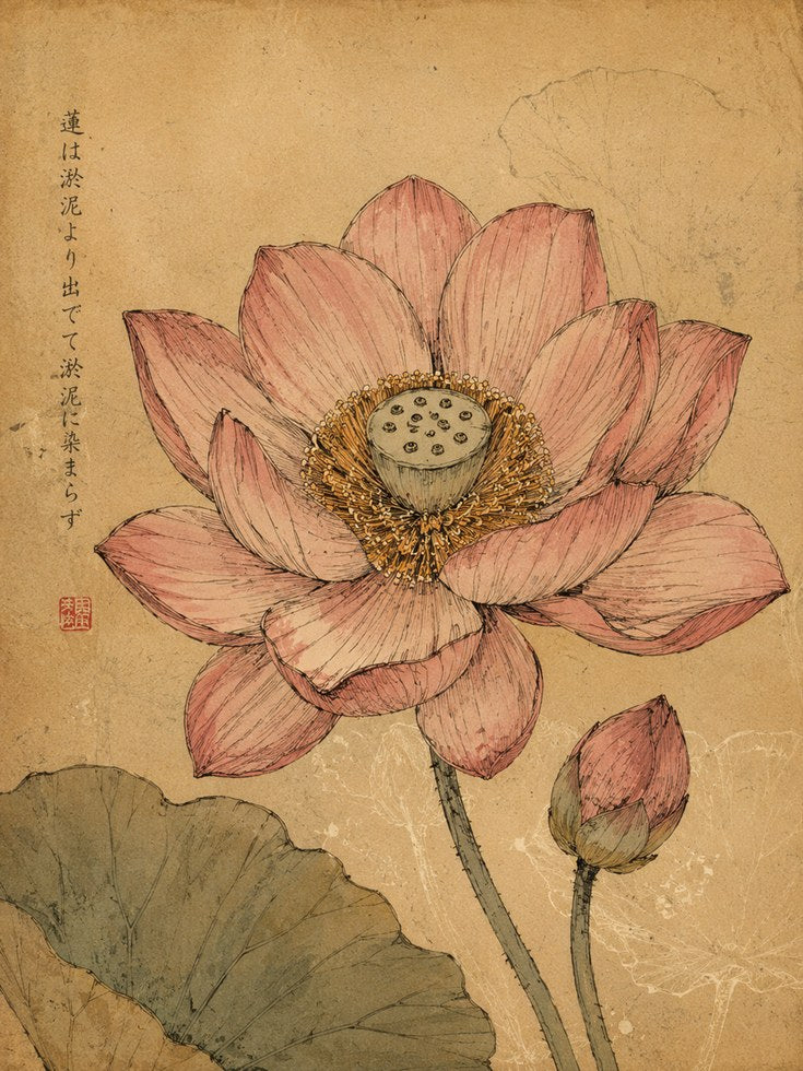 Japanese Lotus Flower Print — Vintage Botanical Art - artwork on paper