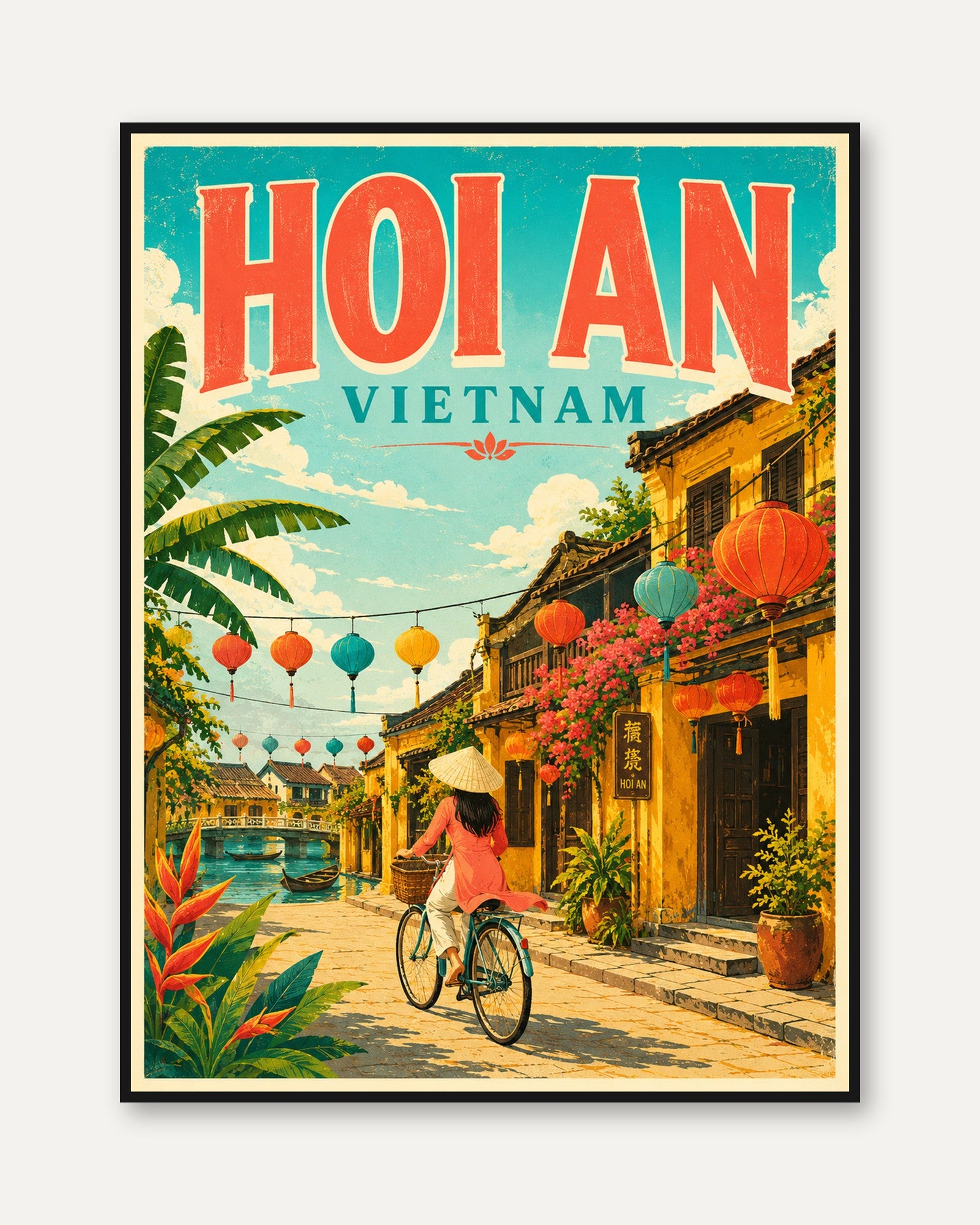 Hoi An Vietnam Travel Poster: Vintage Tropical Street Art Print - framed