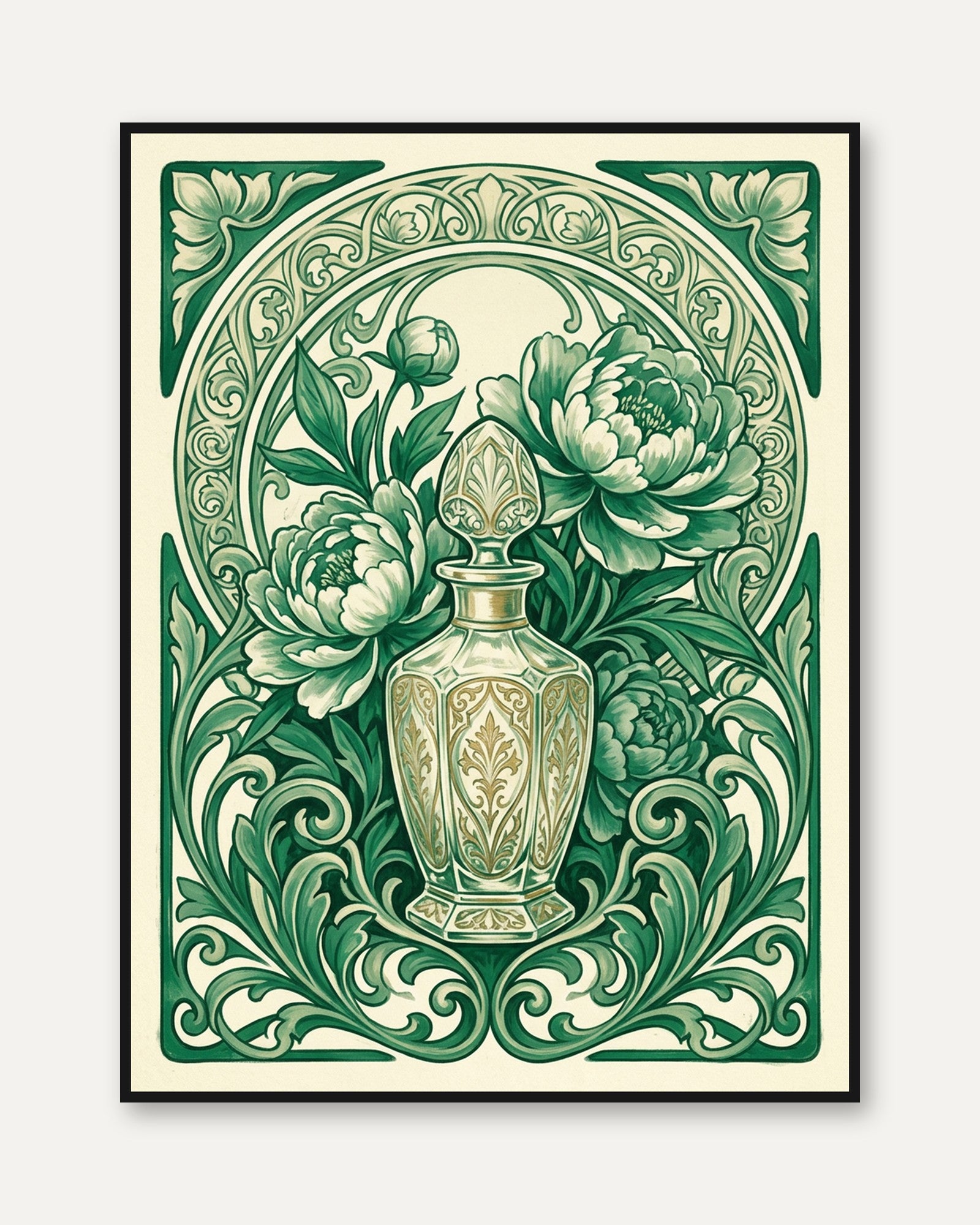 Art Nouveau Peony Print — Ornate Floral Vase Illustration - framed