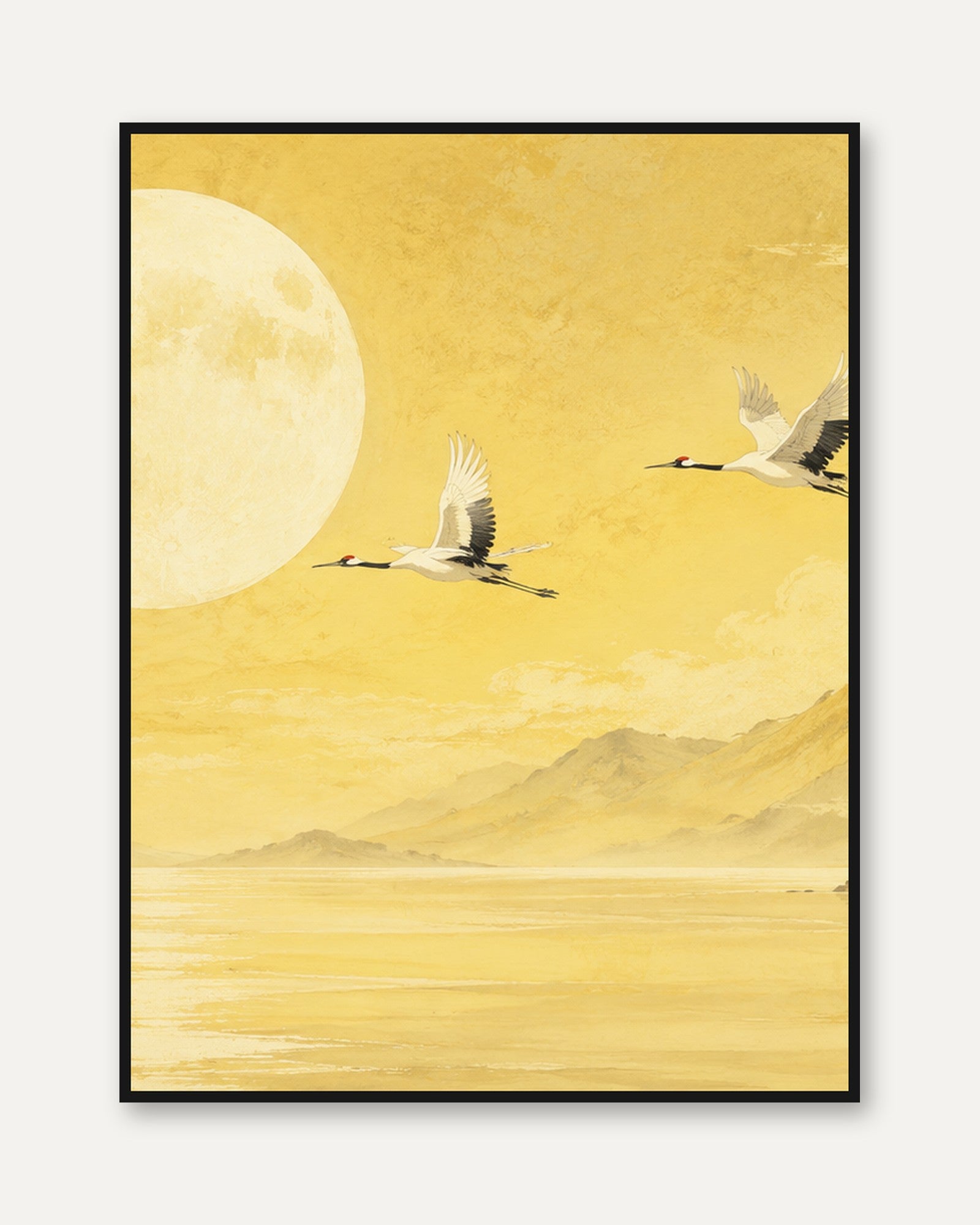 Flying Cranes Moon Print: Minimalist Yellow Asian Art - framed