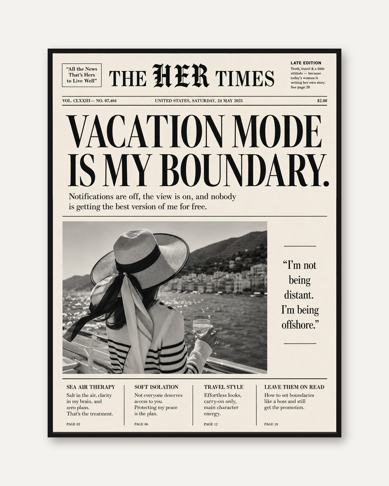 Vacation Mode Wall Art Print: Humorous Newspaper Typography - framed