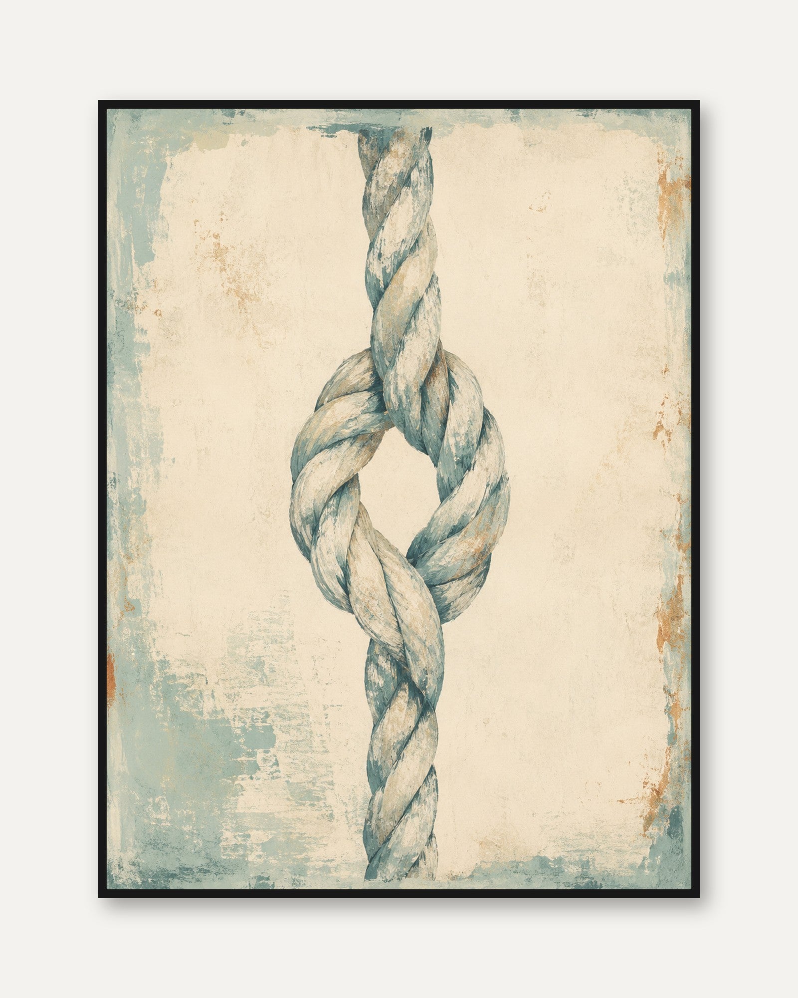 Nautical Rope Knot Art Print: Coastal Blue and Cream Distressed - framed