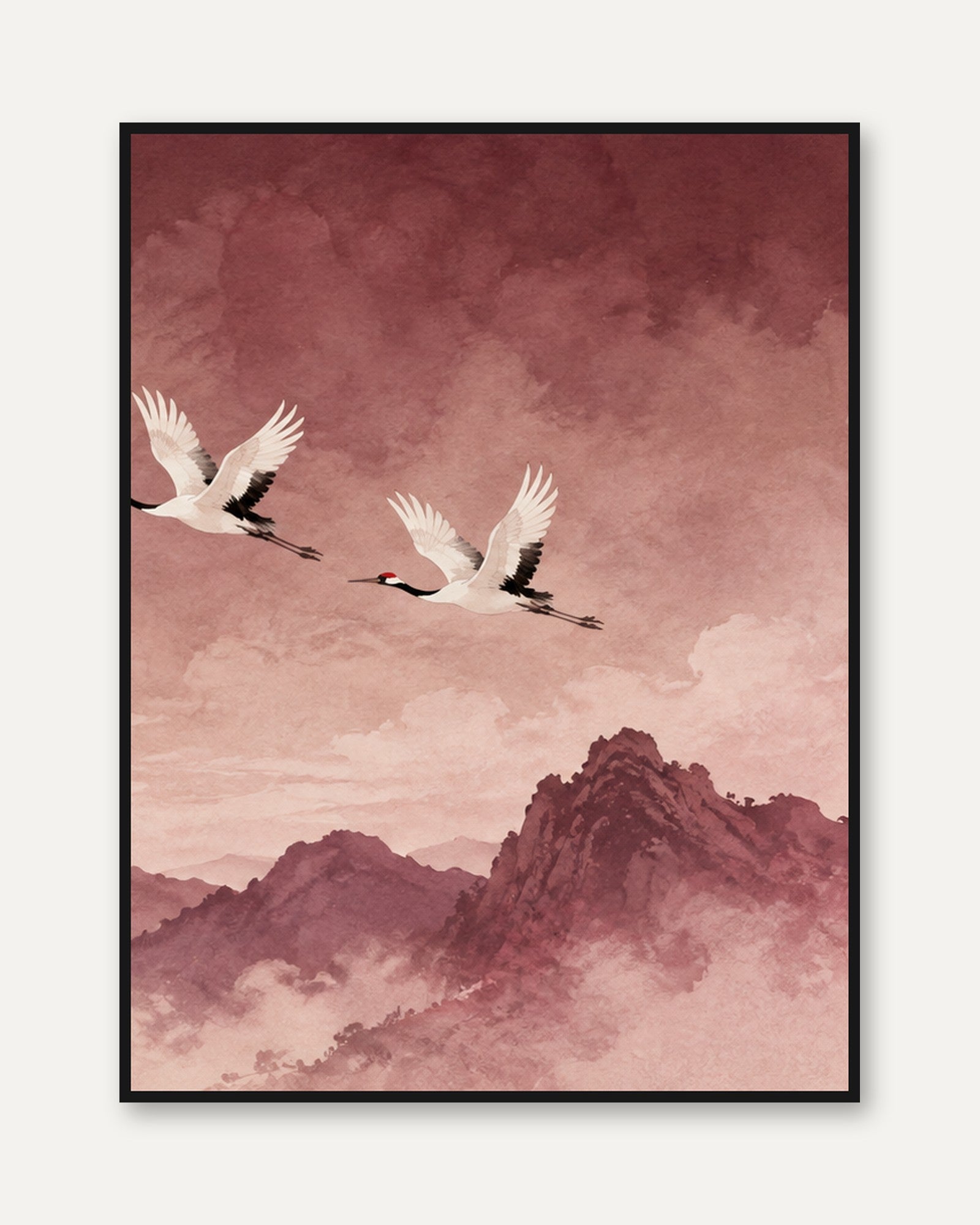 Japanese Cranes Wall Art: Watercolor Birds in Mauve Sky - framed