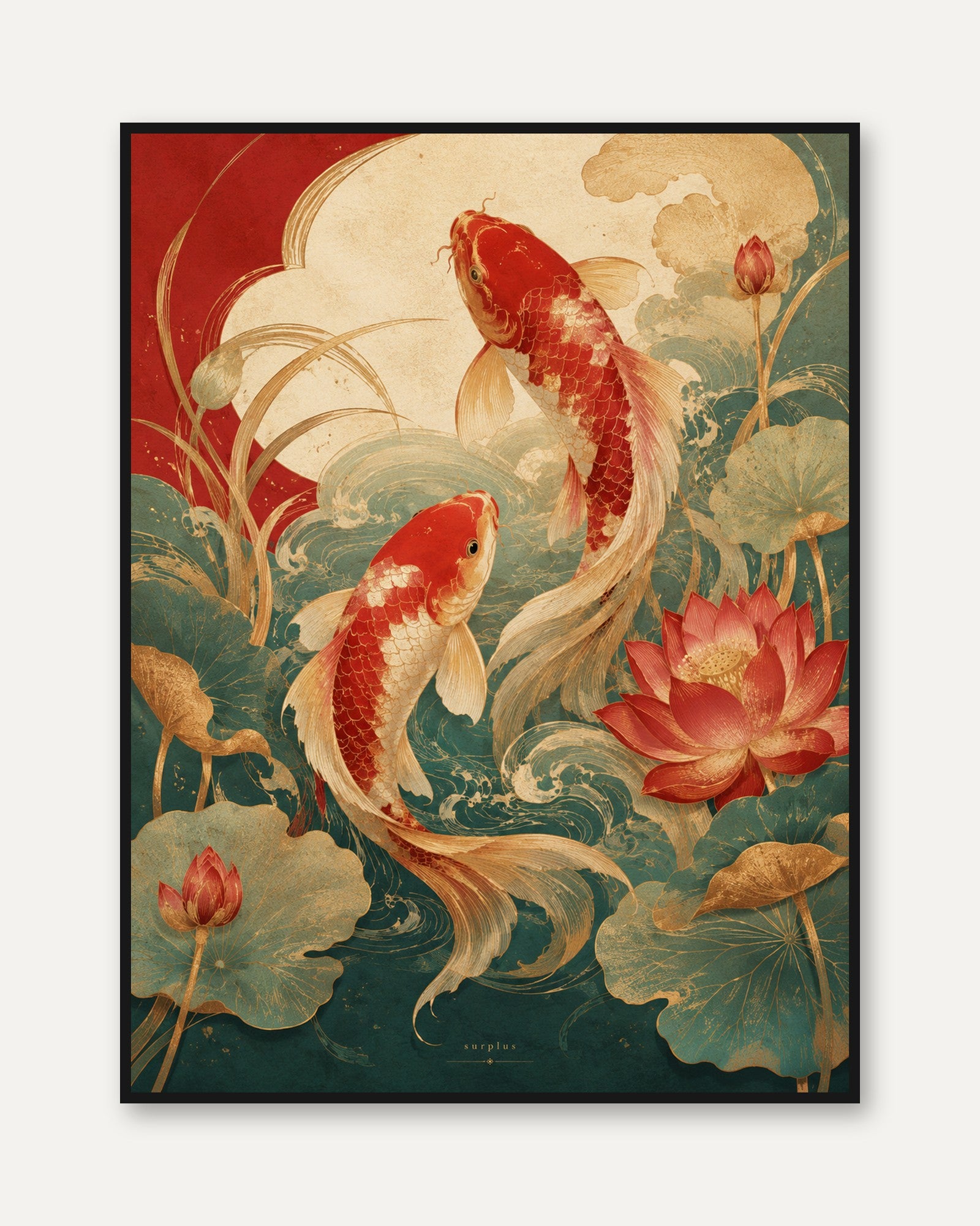 Koi Fish Wall Art – Japanese Lotus Poster - framed