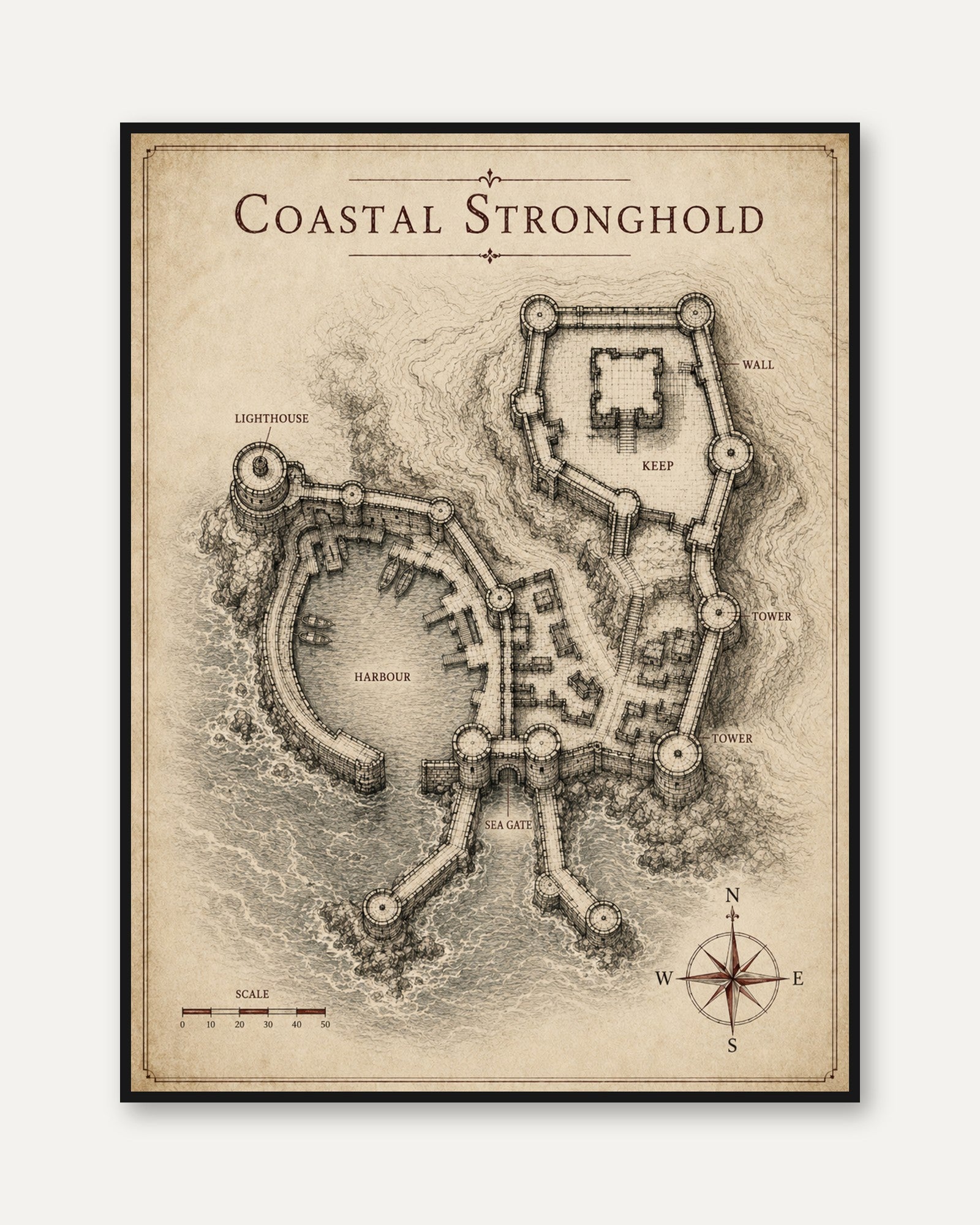 Coastal Stronghold Map Art Print: Medieval Fantasy Fortress - framed