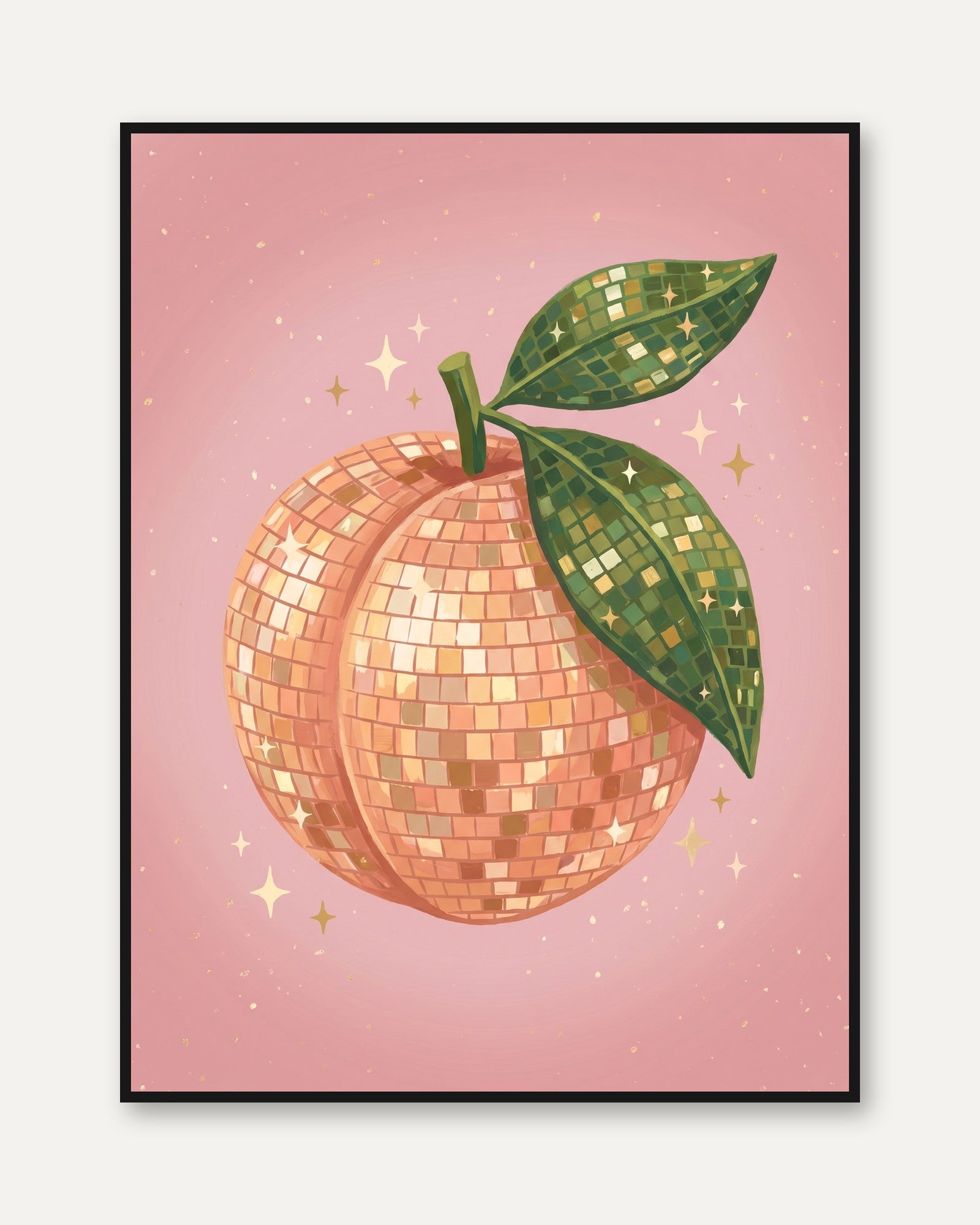 Peach Disco Ball Print: Retro Fruit Art (Multiple Sizes) - framed