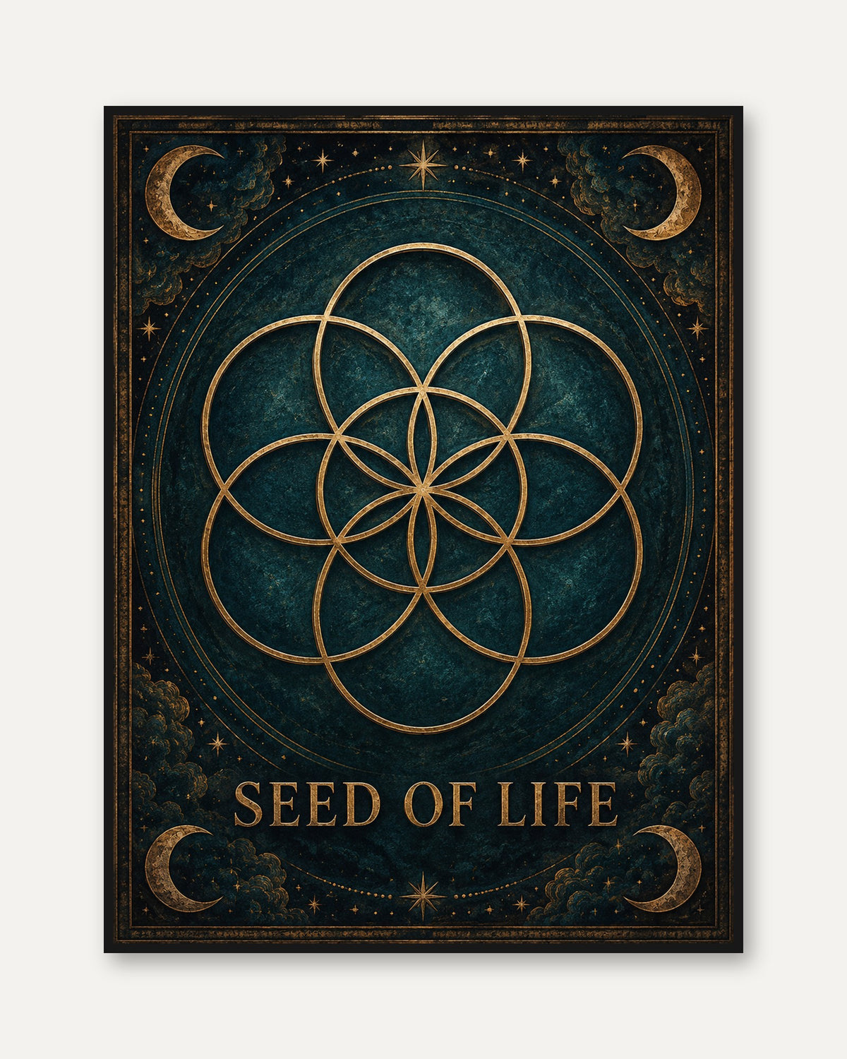 Sacred Geometry Print: Seed of Life with Moon and Stars (Teal & Gold) - framed