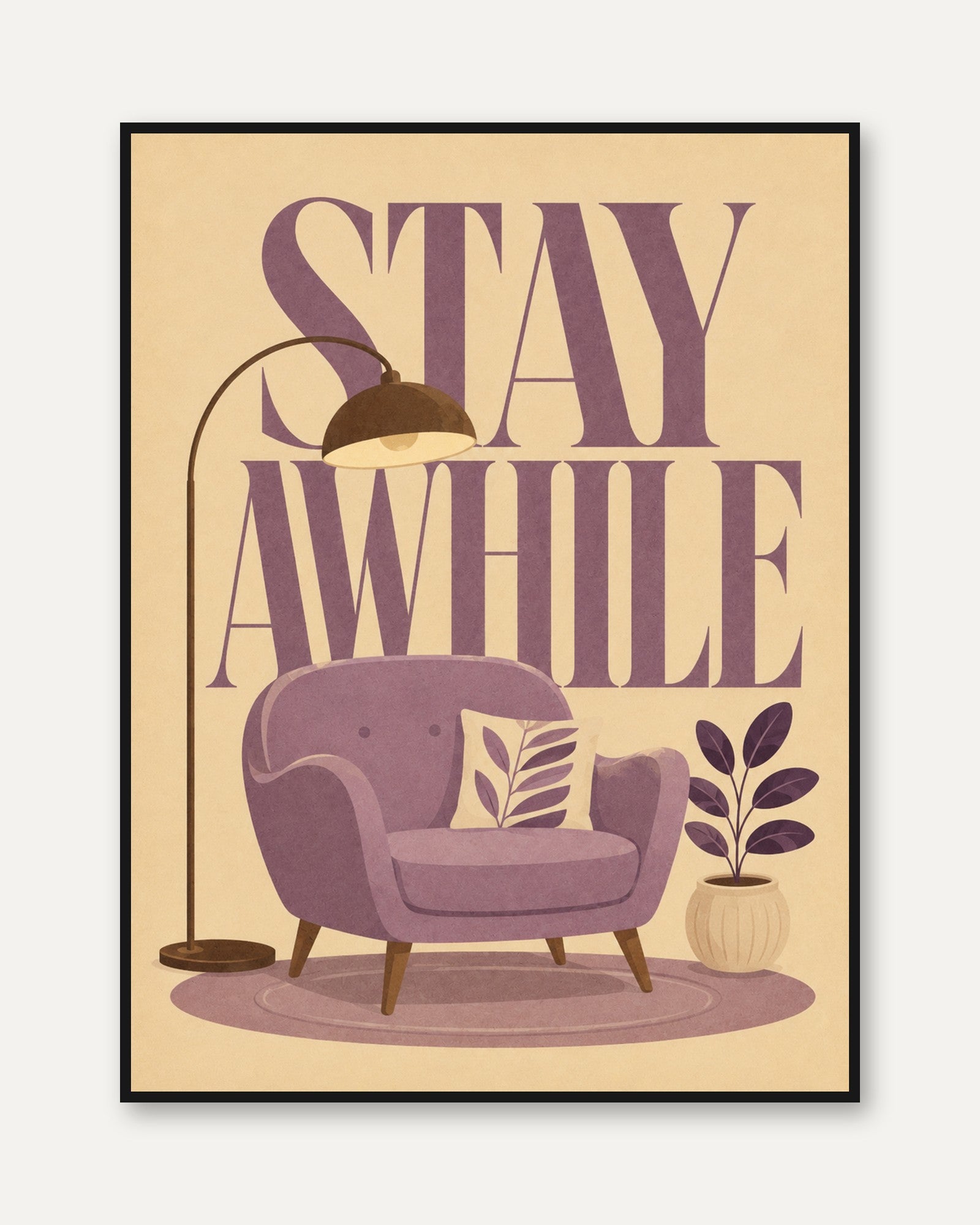Stay Awhile Retro Lounge Art Print: Mid Century Modern Purple - framed