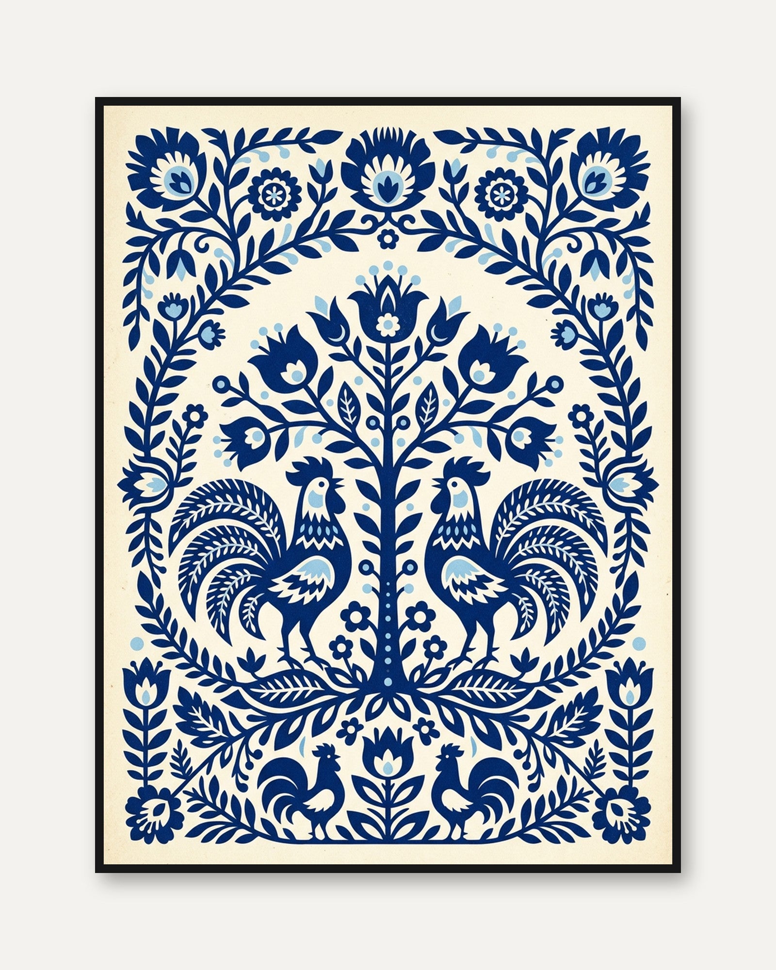 Folk Art Rooster Print — Scandinavian Blue Floral Symmetry - framed