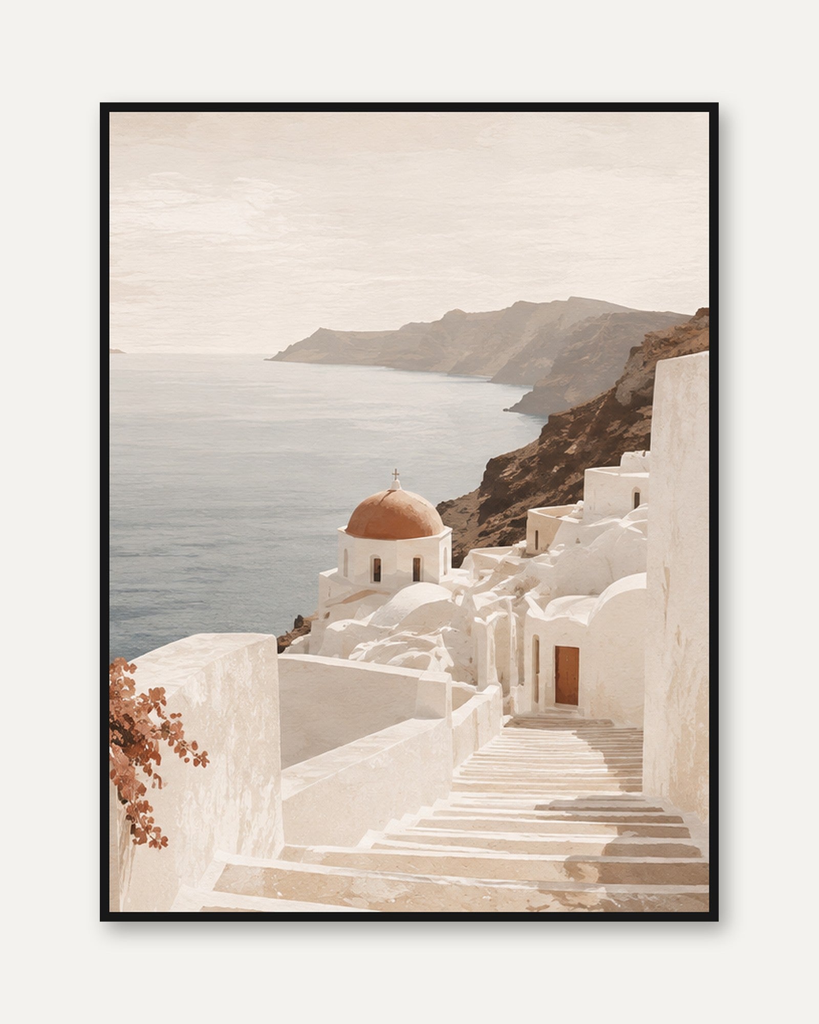 Santorini Church Steps Art Print: Soft Mediterranean Coastal View - framed
