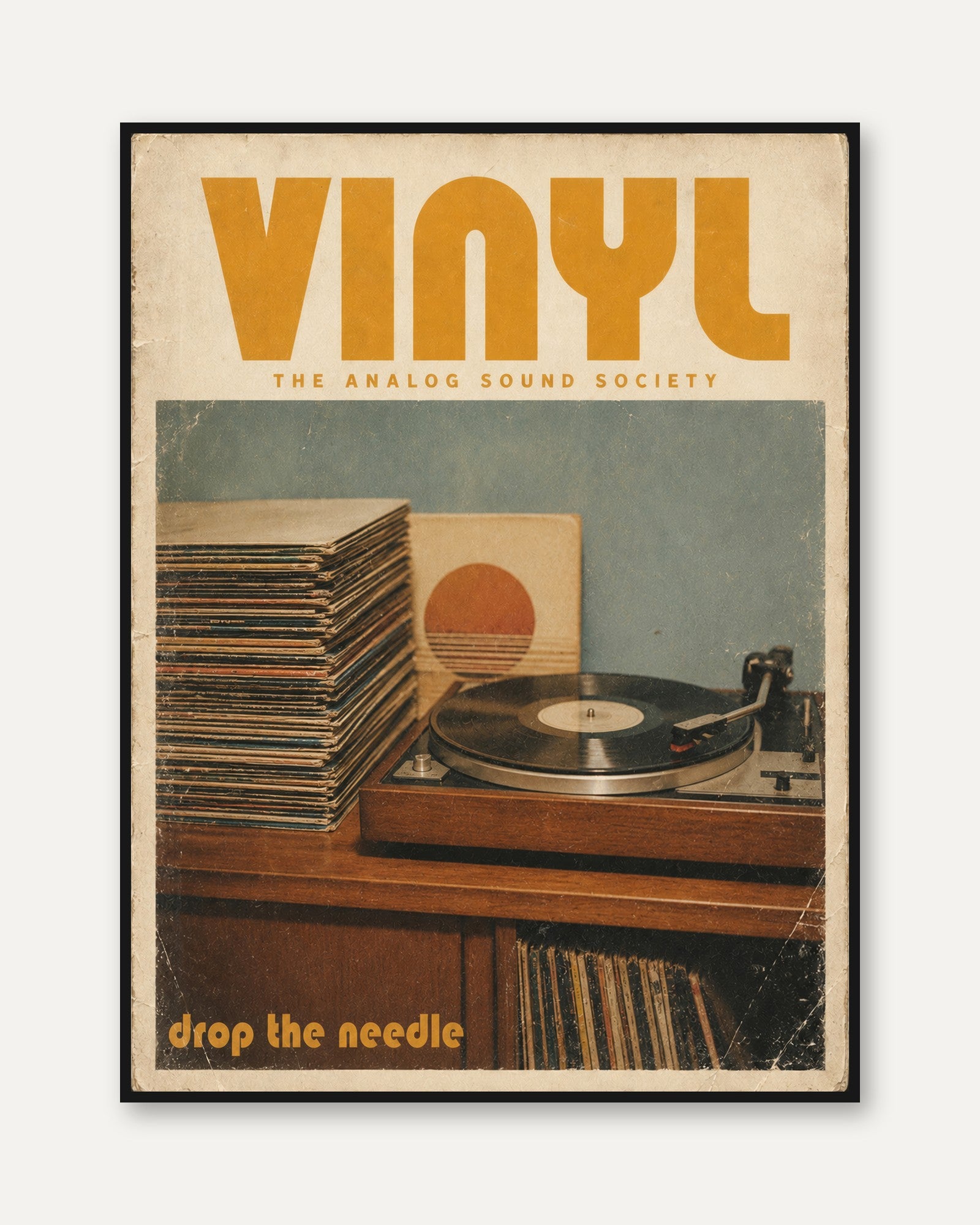 Vintage Vinyl Record Poster — Retro Turntable & Albums - framed