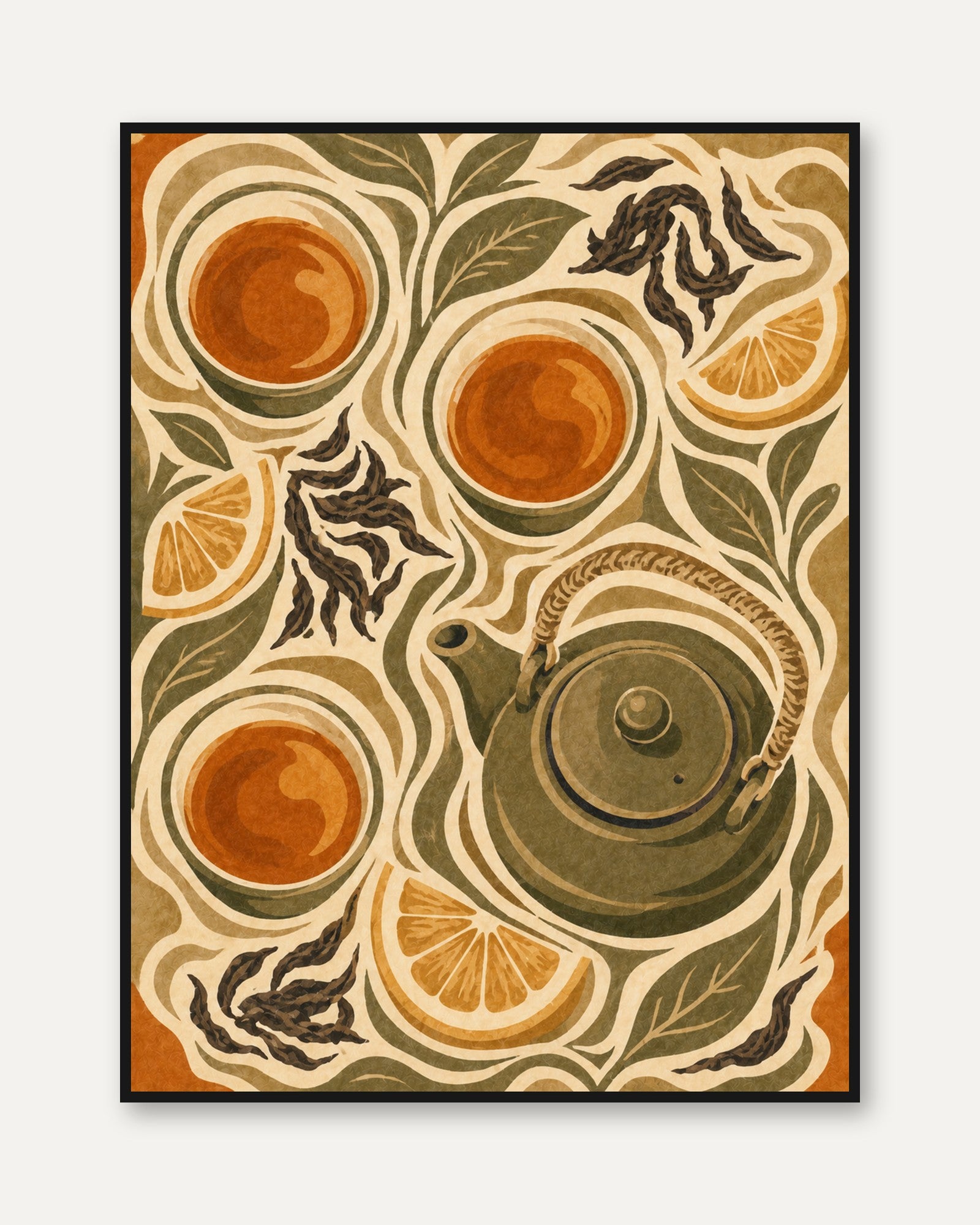 Art Nouveau Tea Pot Print: Vintage Orange and Green Design - framed