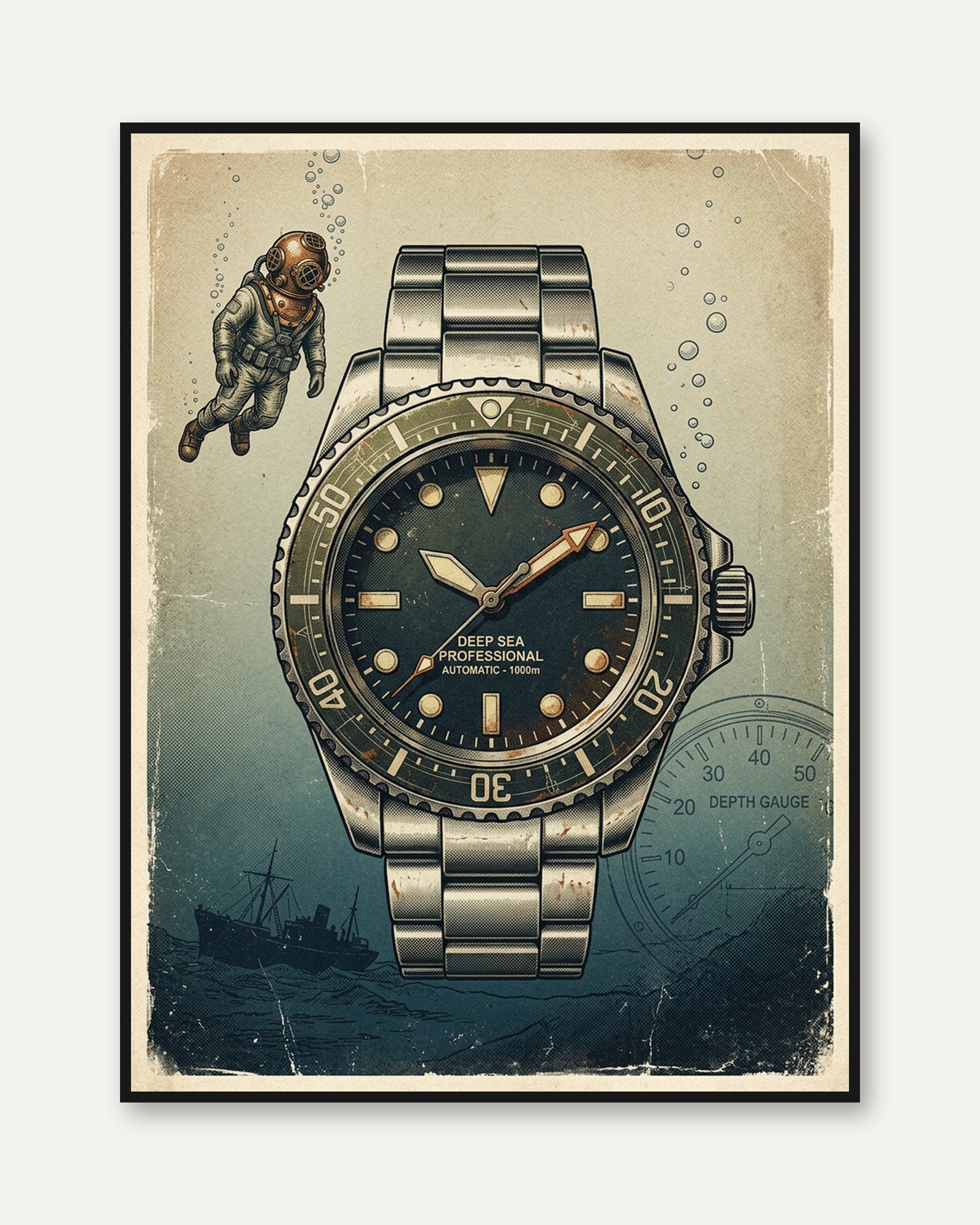 Vintage Dive Watch Poster: Deep Sea Diver Retro Illustration - framed