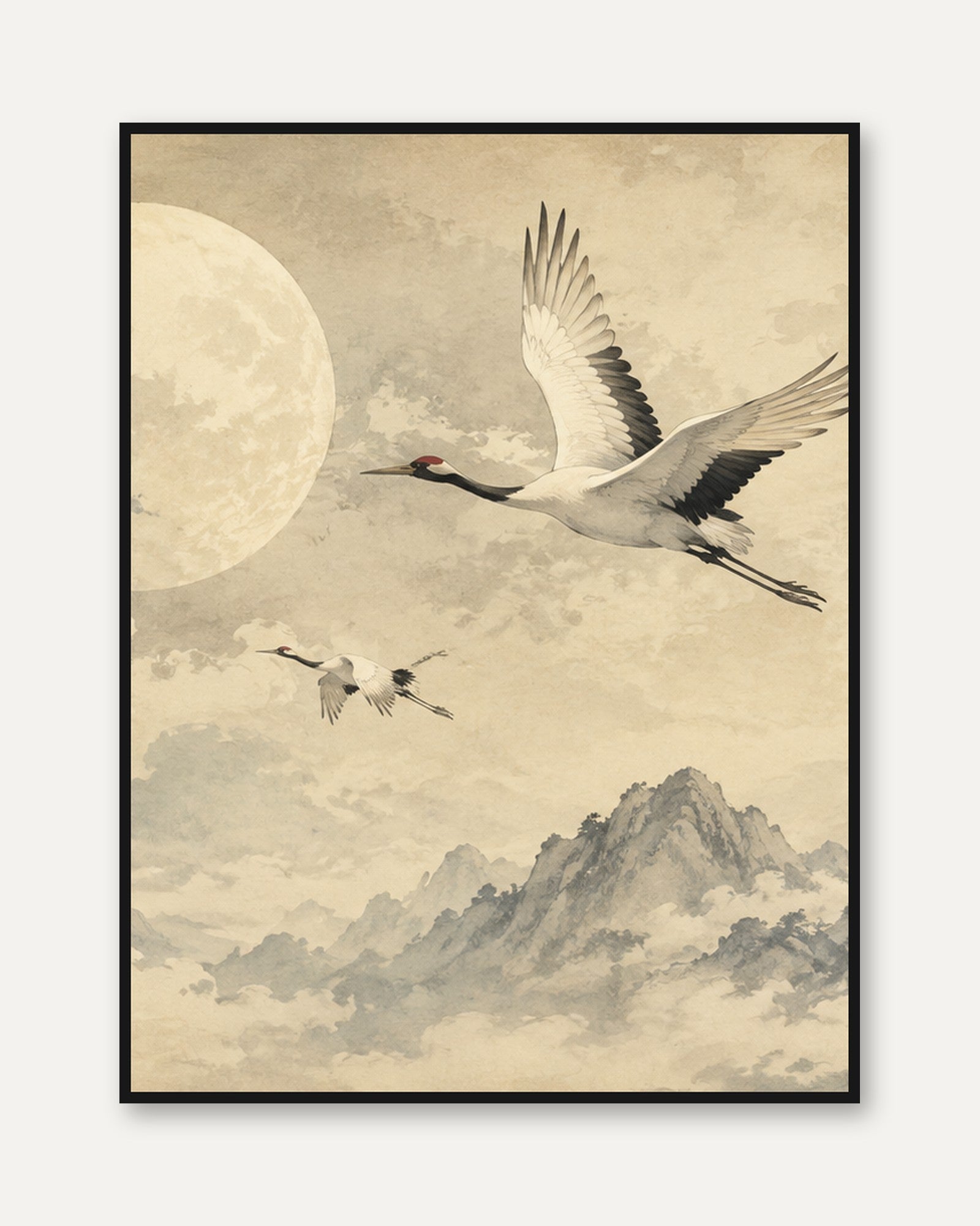 Japanese Crane Moon Flight Print: East Asian Ink Wash Art - framed