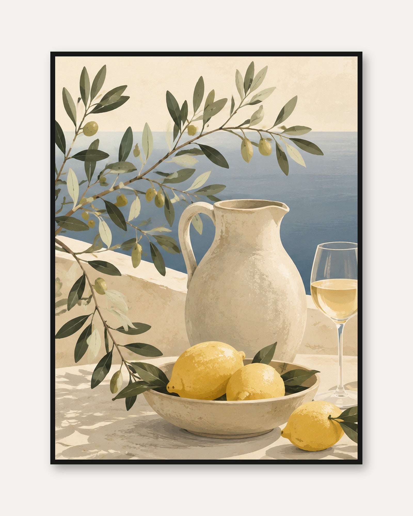 Mediterranean Lemon Still Life Print: Coastal Olive Branch Art - framed