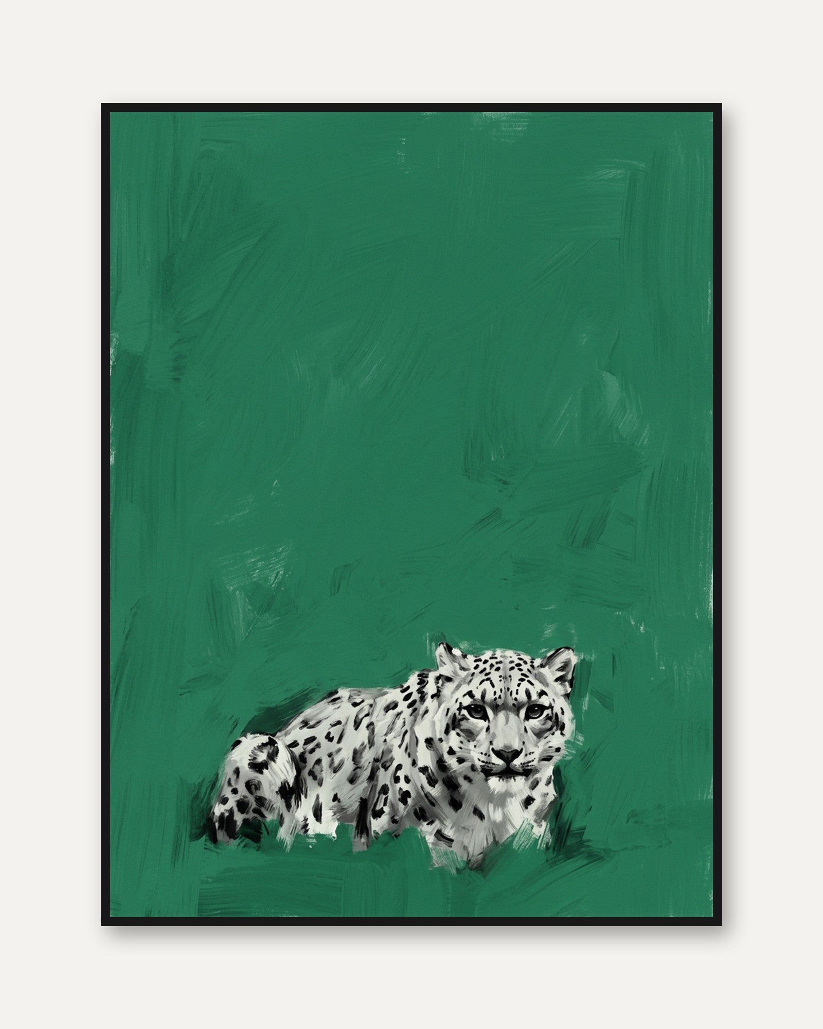 Snow Leopard Art Print: Minimalist Green Wildlife Painting - framed