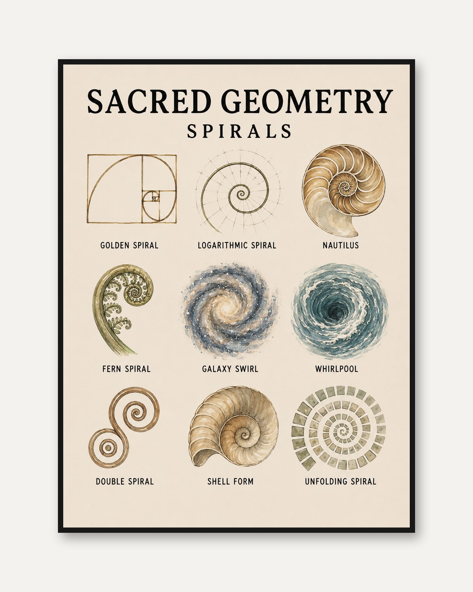 Sacred Geometry Spirals Print — Educational Science Chart - framed