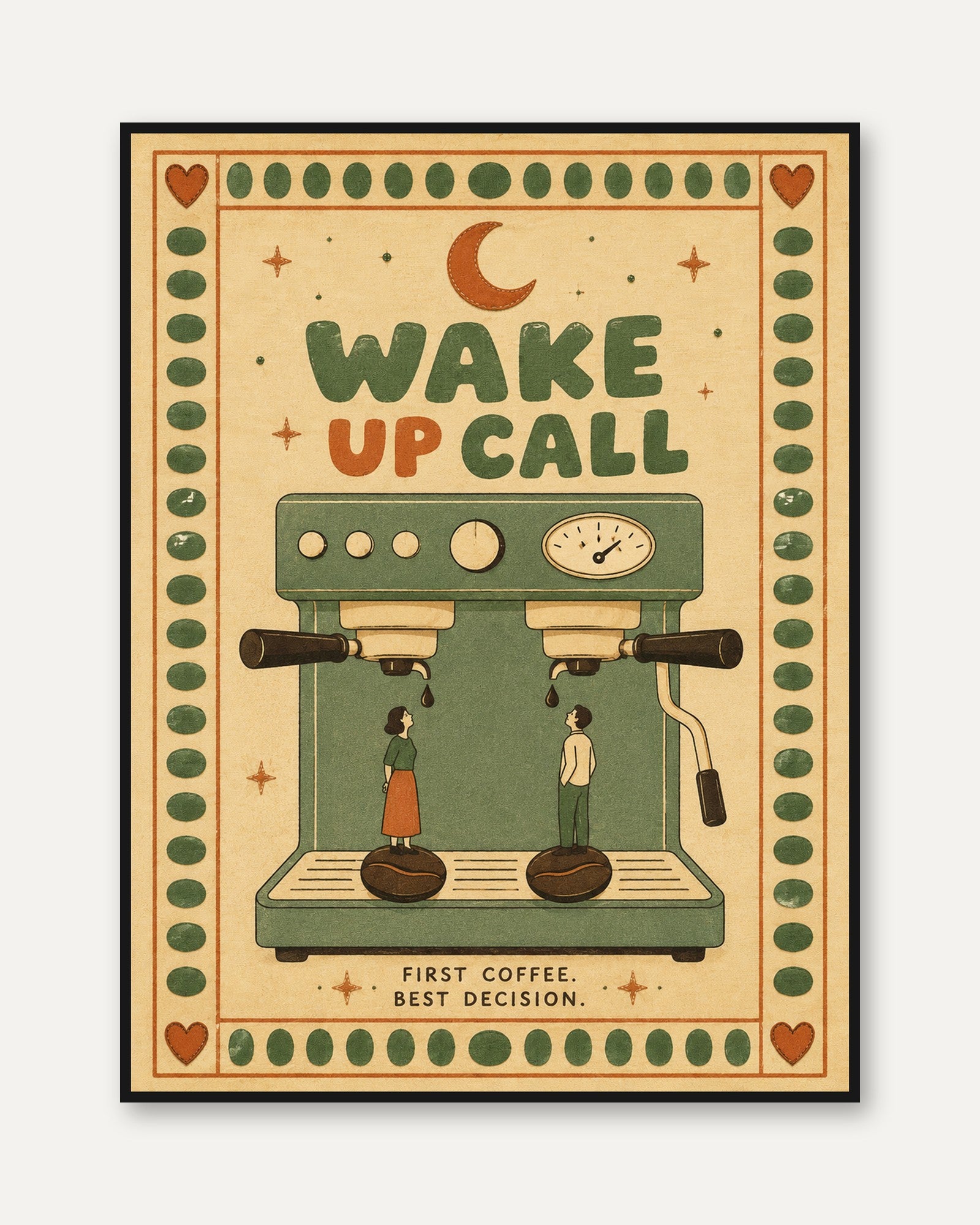 Wake Up Call Coffee Machine Print: Retro Vintage Kitchen Art - framed