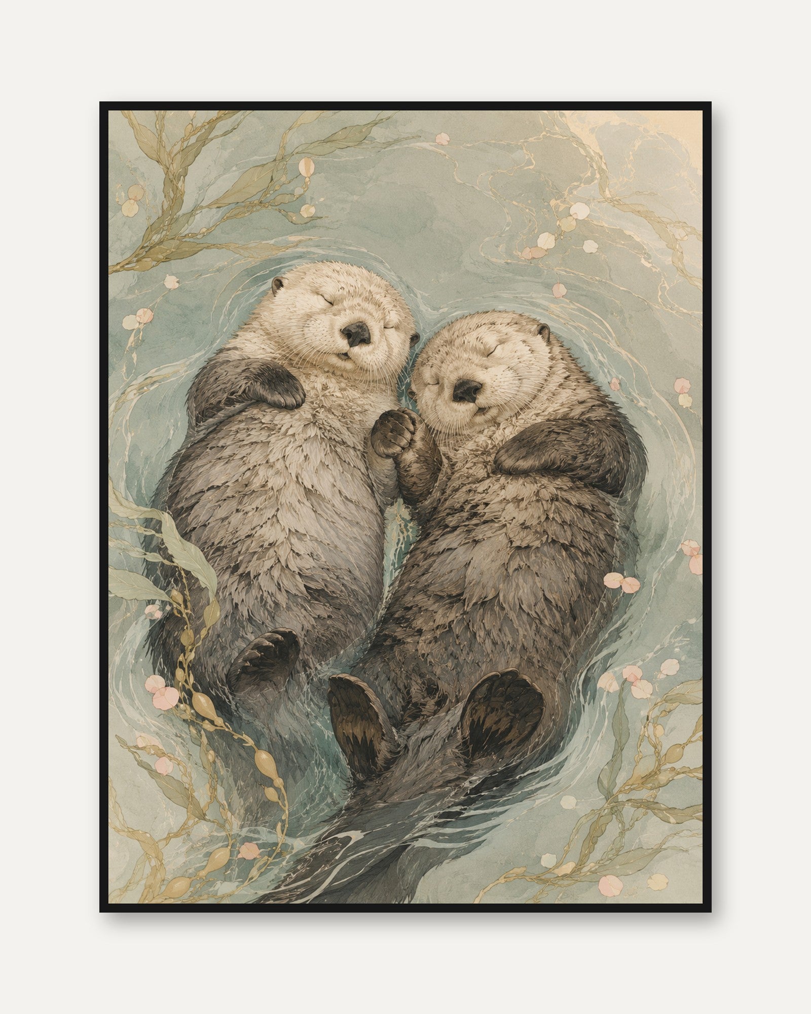Sea Otters Holding Hands Art Print: Watercolor Wildlife Illustration - framed