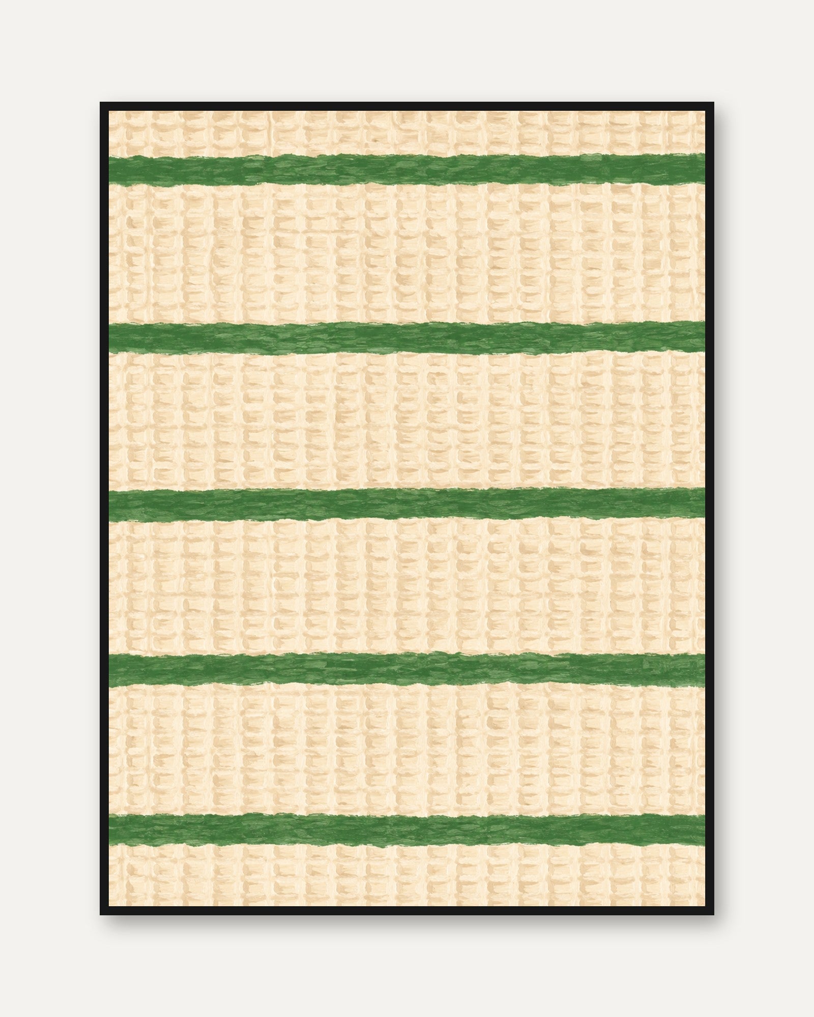 Woven Textile Stripes Print: Green and Cream Fabric Art - framed