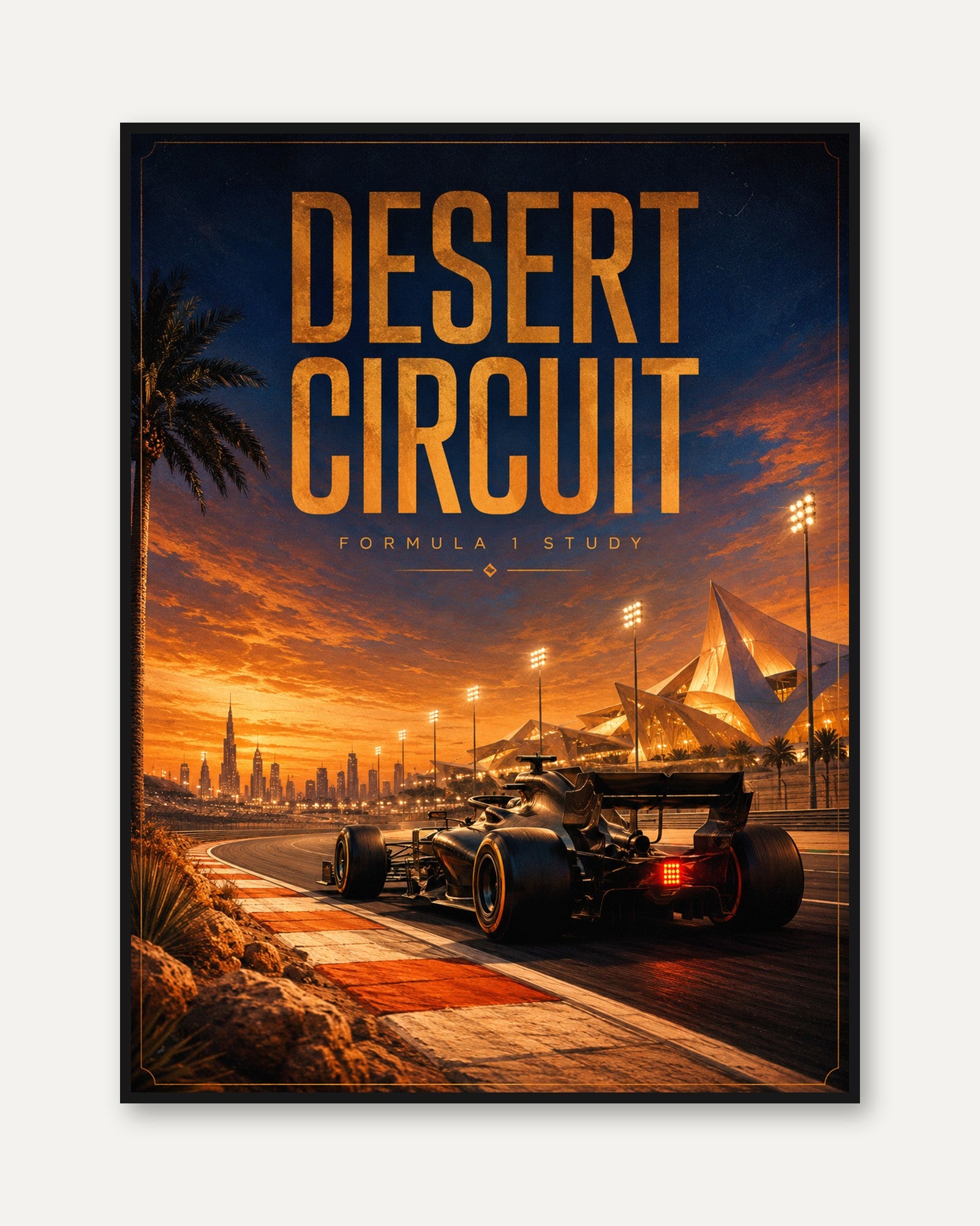 Desert Circuit Formula 1 Poster: Sunset Racing Wall Art - framed