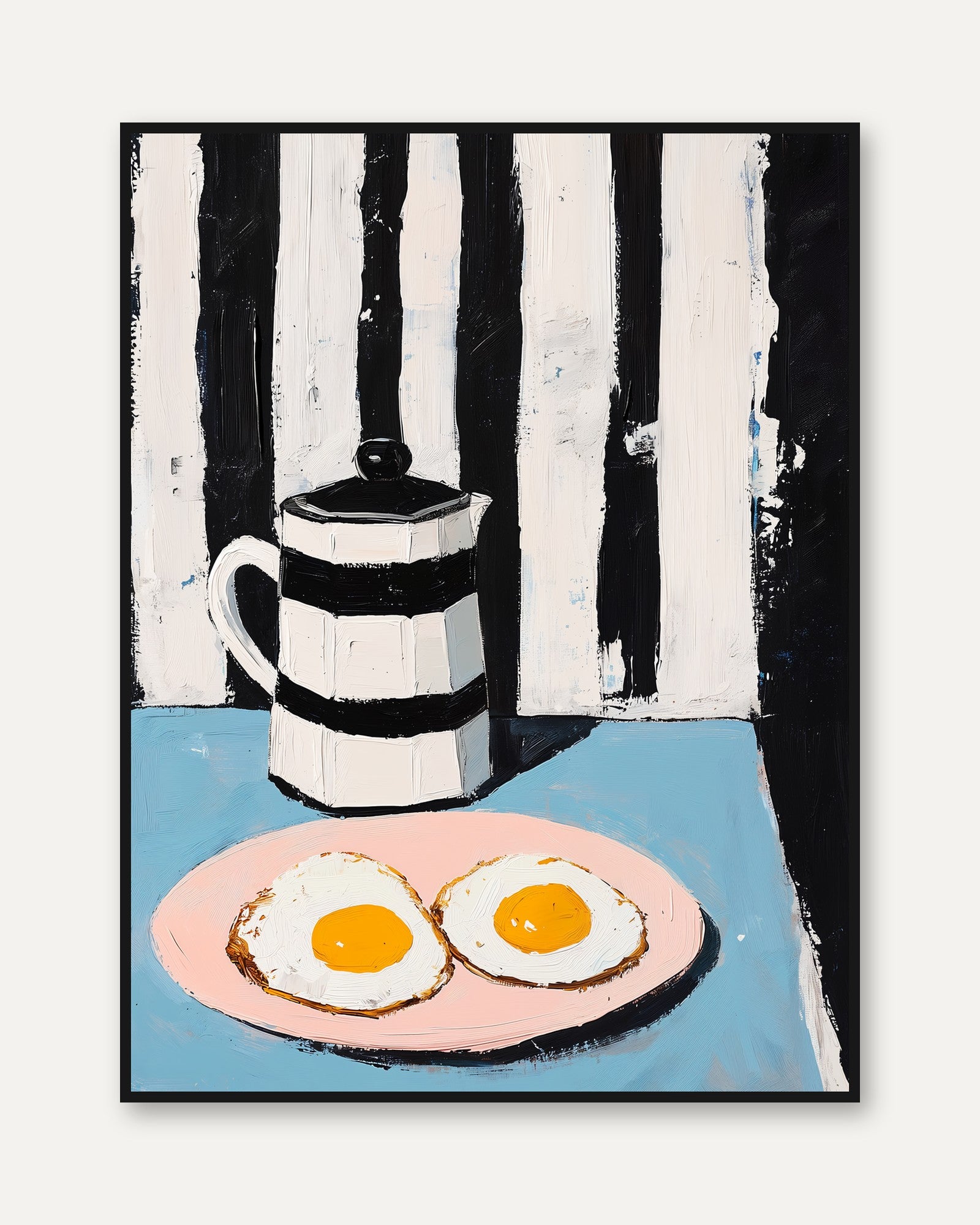Fried Eggs Art Print: Retro Kitchen Scene (Black White Stripes) - framed