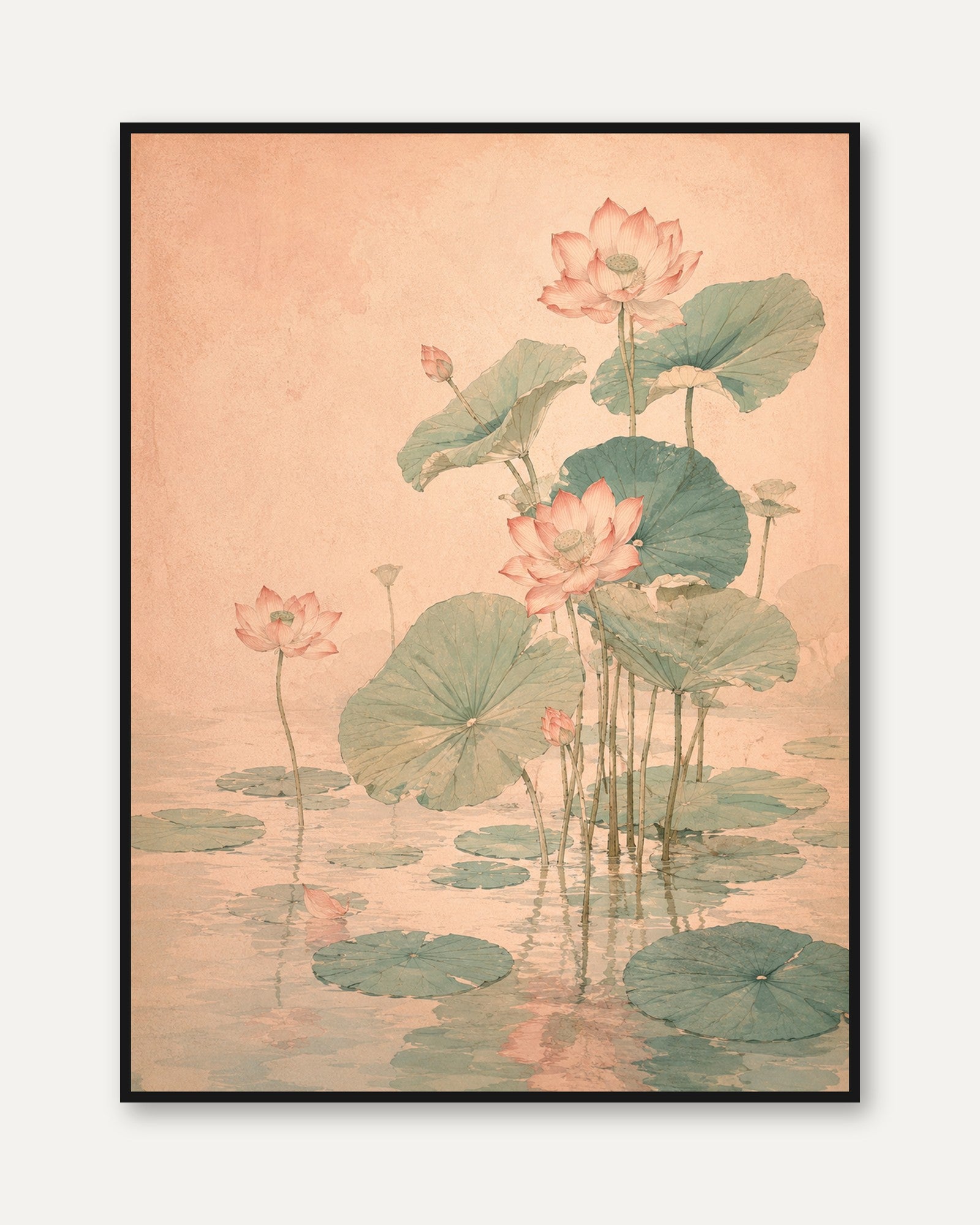 Lotus Flowers Art Print: Vintage Japanese Botanical Watercolor - framed