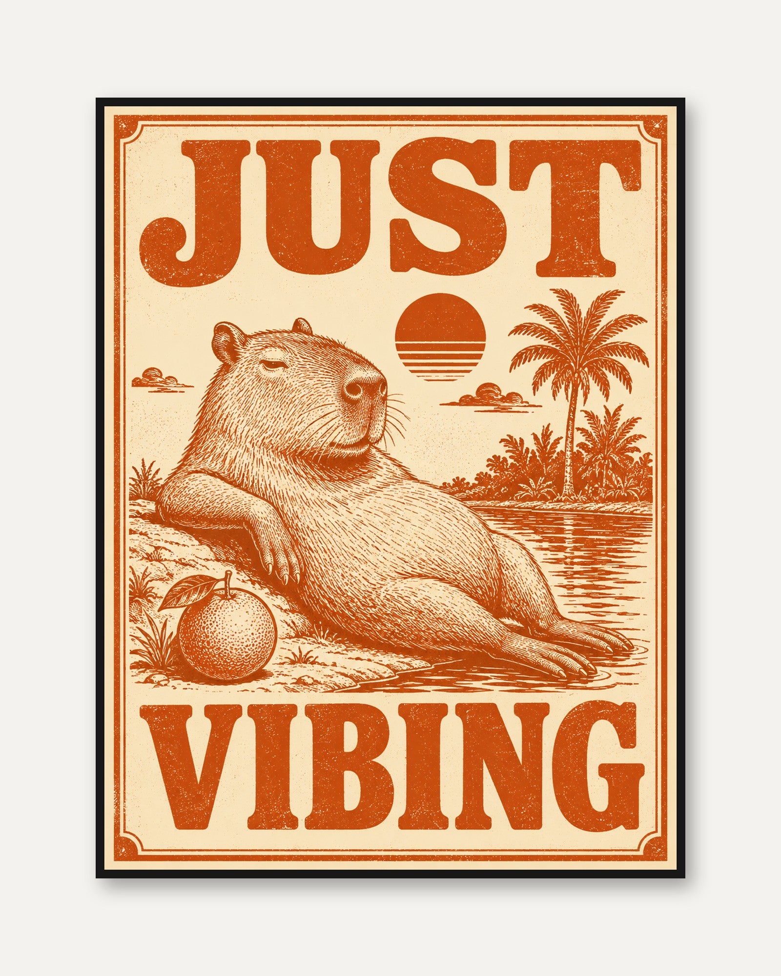 Capybara Print: Retro 70s Tropical Wall Art - framed