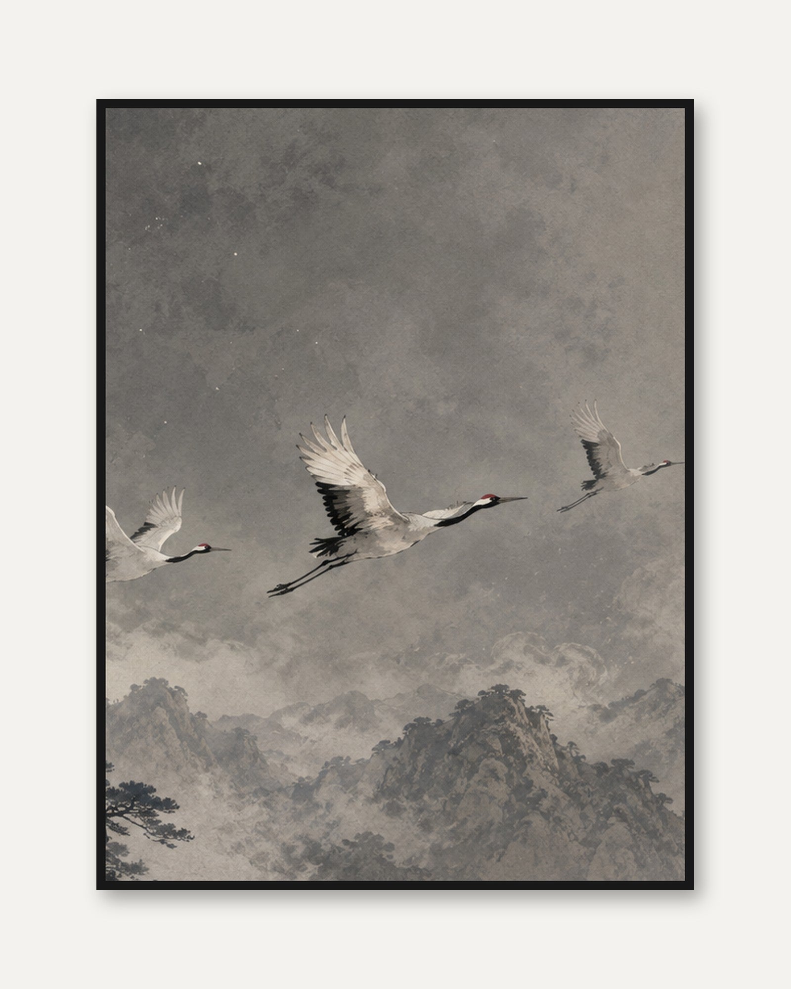 Flying Cranes Art Print: Japanese Ink Wash Mountain Landscape - framed